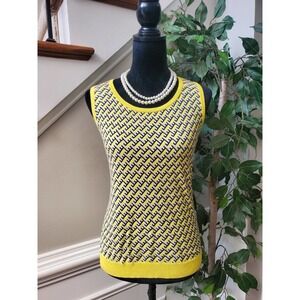 Jones New York Yellow & Black Abstract Cotton Round Neck Sleeveless Sweater M
